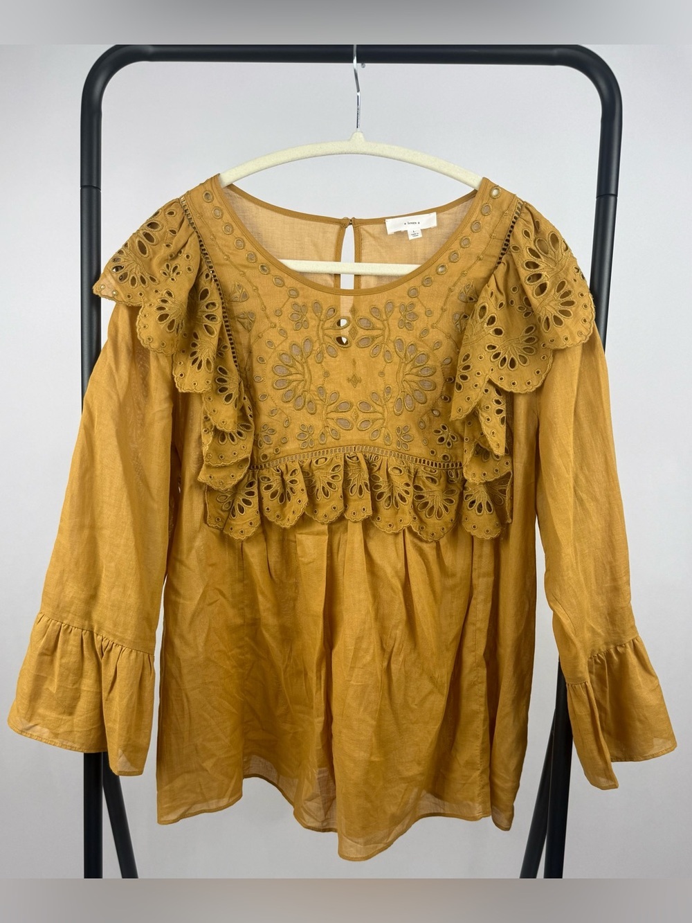 A Loves A Mustard Eyelet Embroidered Ruffle Boho Peasant Top Large Cotton - Picture 2 of 6